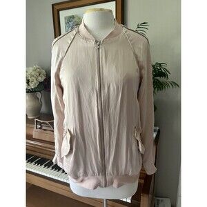Equipment Femme Blush Pink Silk Zip Up Bomber Jacket, Pockets, Size Medium